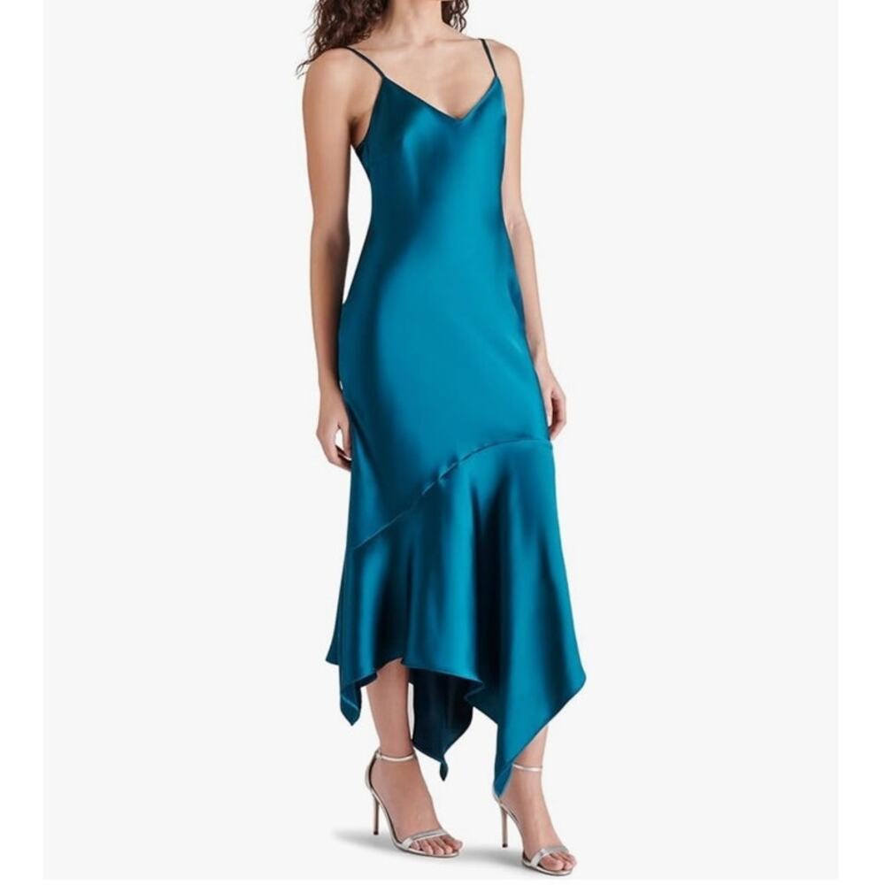 Steve Madden Lucielle Asymmetric Hem Slip Dress Women's Large Teal Blue NWT